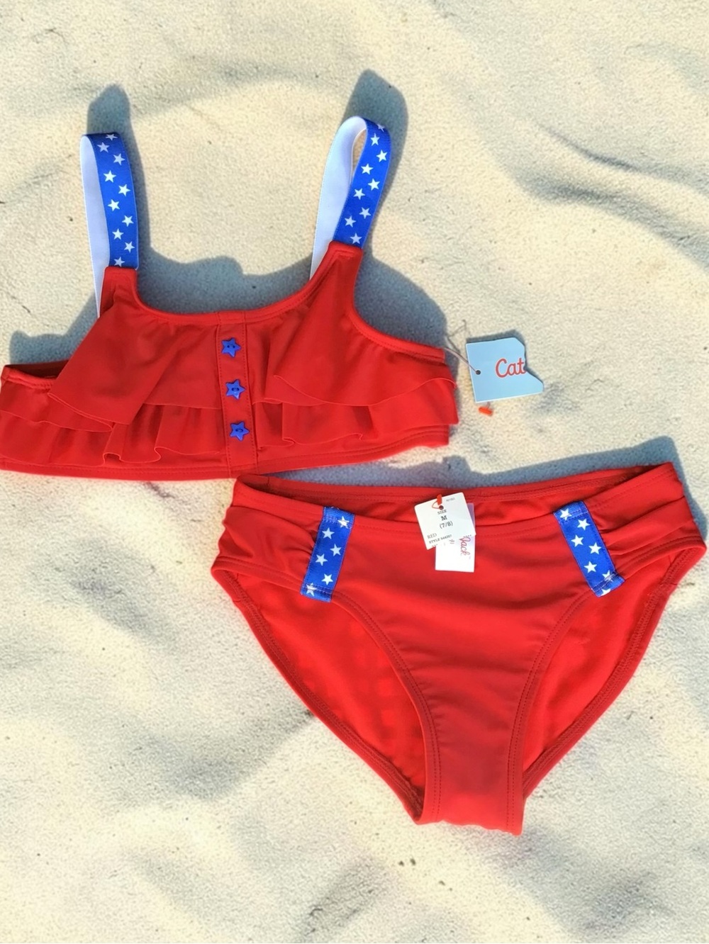 NWT Cat & Jack Girl's Ruffle Red White & Blue Two-Piece Bikini Swimsuit-Size 7-8